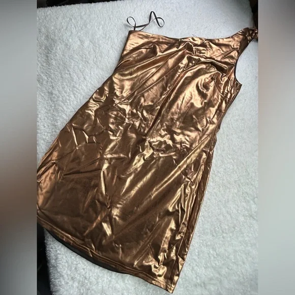 NWT Wild Honey Bronze Gold One Shoulder Mini Dress - Picture 4 of 7